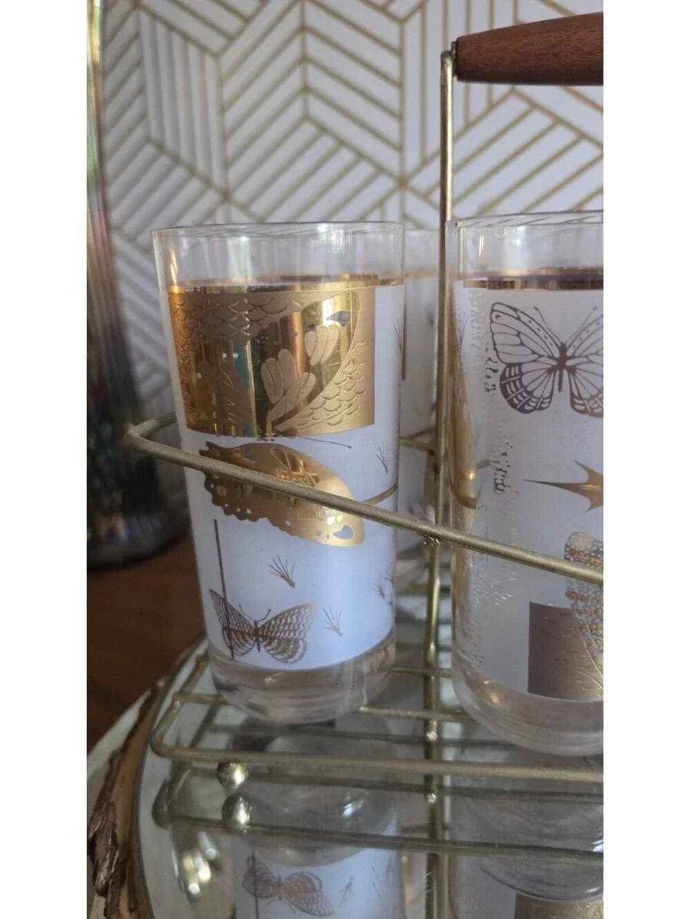 Vintage Midcentury Cutler Golden Meadow Butterfly Set of 8 Glasses With Caddy